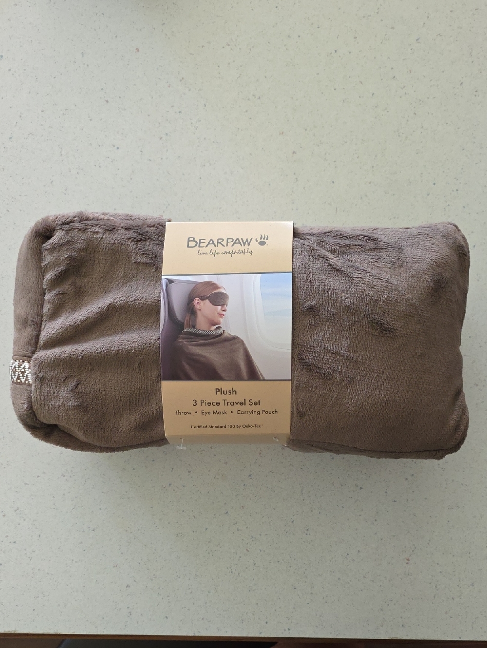 BearPaw Plush 3-Piece Travel Set - Brown - Throw, Eye Mask, Carrying Pouch - NEW